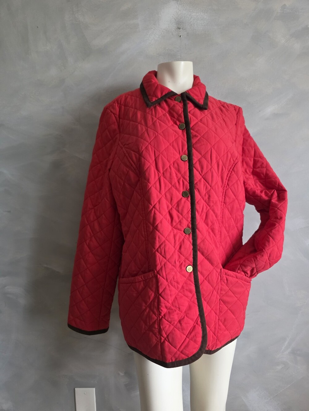 Preppy Equestrian Red Quilted Brown Corduroy Contrast Trim Barn Jacket L
